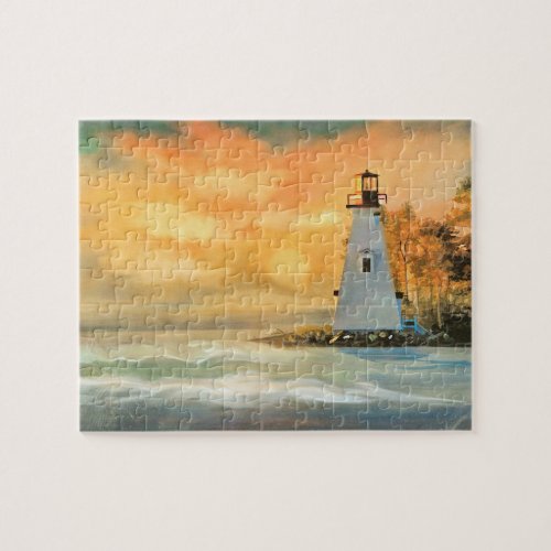 Beautiful Lighthouse Sunset Painting Jigsaw Puzzle