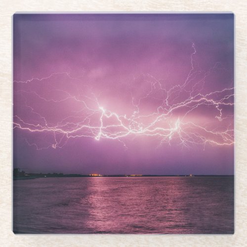 Beautiful Lightning Over the Lake at Dusk Glass Coaster
