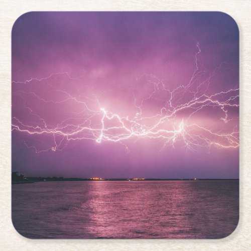 Beautiful Lightning Over the Lake at Dusk Square Paper Coaster