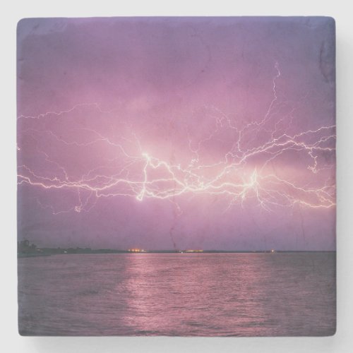 Beautiful Lightning Over the Lake at Dusk Stone Coaster