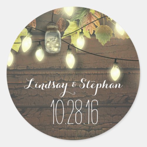 beautiful lights mason jars rustic wedding sticker - Use this seal for the backside of the wedding envelopes or add THANK YOU and stick it to your wedding favors. Beautiful and elegant fall wedding stickers with colorful autumn leaves, string lights and mason jars.
