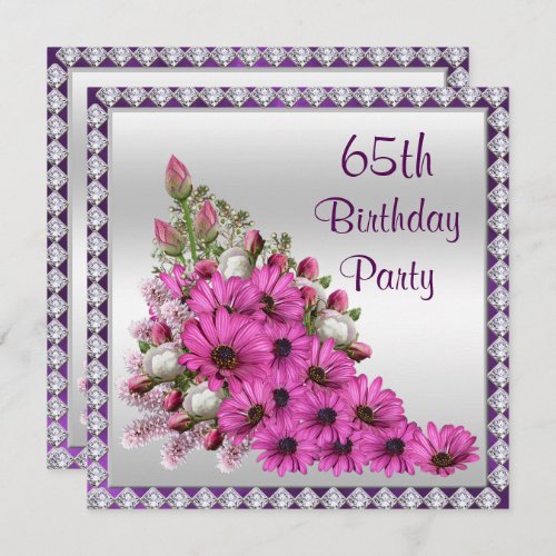 Beautiful Lilac Bouquet  Diamonds 65th Birthday Invitation