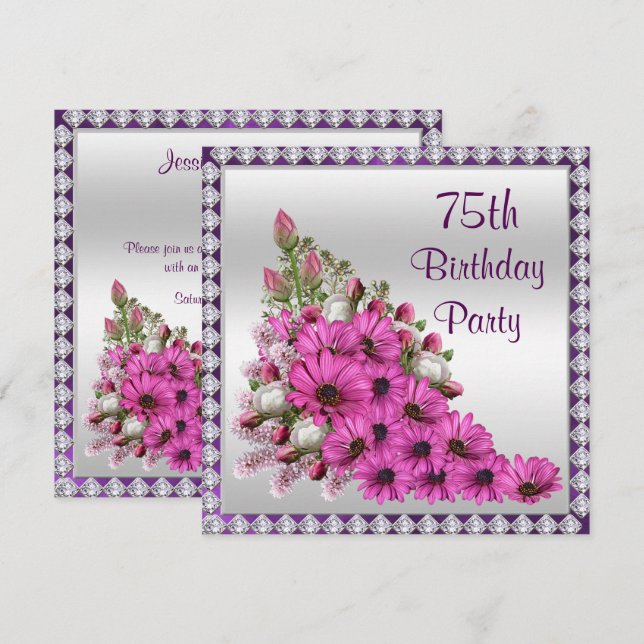 Beautiful Lilac Bouquet & Diamonds 75th Birthday Invitation (Front/Back)