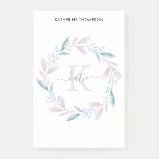 Beautiful Lilac Watercolor Floral Wreath Monogram Post-it Notes