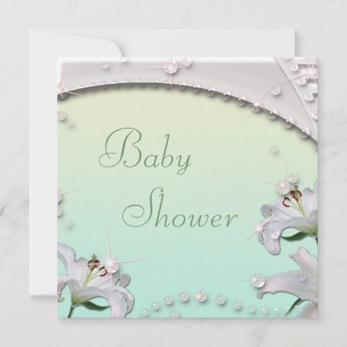 Beautiful Lilies and Sparkles Mint Baby Shower Invitation