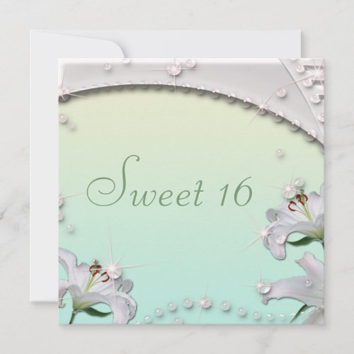 Beautiful Lilies and Sparkles Mint Green Sweet 16 Invitation