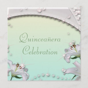 Beautiful Lilies & Sparkles Mint Green Quincenera Invitation
