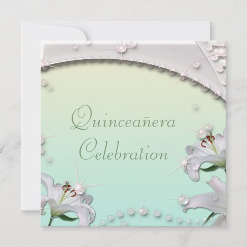 Beautiful Lilies  Sparkles Mint Green Quincenera Invitation