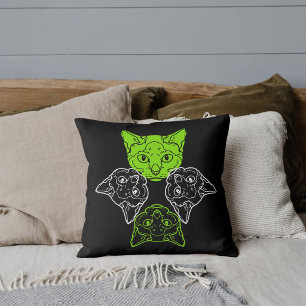 Beautiful Lime White Cats Head Animal Lover Black  Throw Pillow