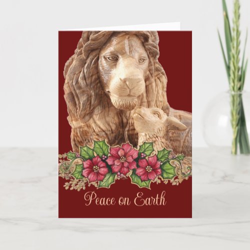 Beautiful Lion Lamb Pointsettia Christmas Card