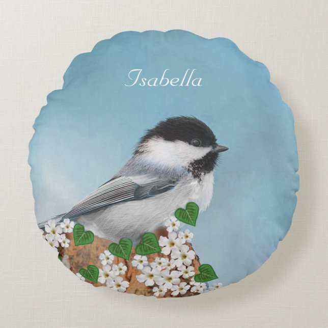 Beautiful Little Bird & Flowers Personalized Round Pillow (Front)