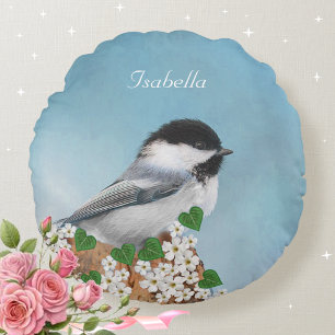 Beautiful Little Bird & Flowers Personalized Round Pillow
