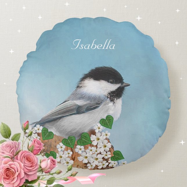 Beautiful Little Bird & Flowers Personalized Round Pillow (Creator Uploaded)