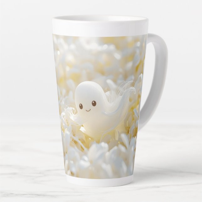 Beautiful little ghosts among white flowers latte mug (Right Angle)