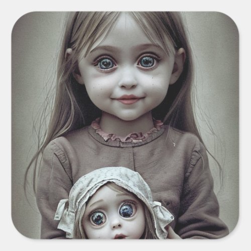 Beautiful Little Girl with Creepy Antique Doll Square Sticker