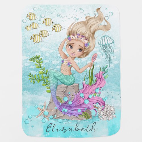 Beautiful Little Mermaid Watercolor with Mirror Baby Blanket