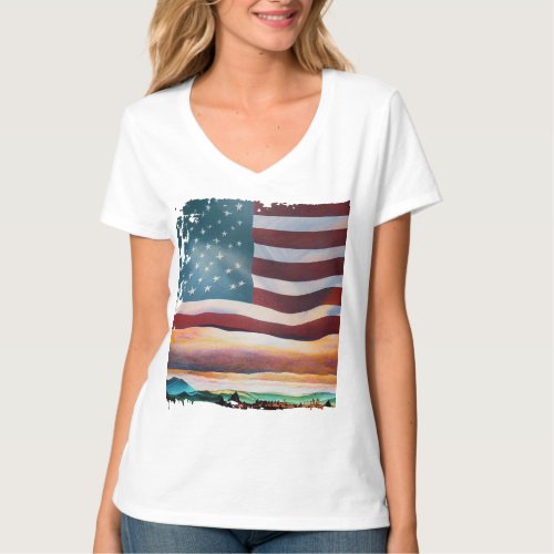 Beautiful Little Town in USA Flag 3 T_Shirt