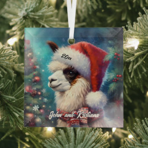 Beautiful Llama in a Santa Hat Glass Ornament