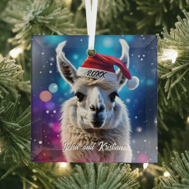Beautiful Llama in a Santa Hat Glass Ornament (Insitu)