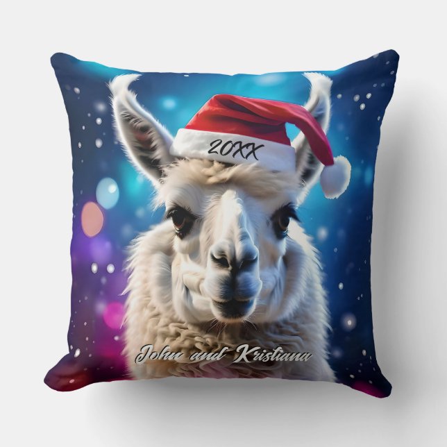 Beautiful Llama in a Santa Hat Throw Pillow (Front)