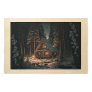 Beautiful Log Cabin in Forest Blue Sky Stars Night Wood Wall Art