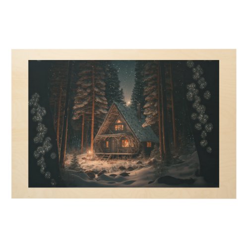 Beautiful Log Cabin in Forest Blue Sky Stars Night Wood Wall Art