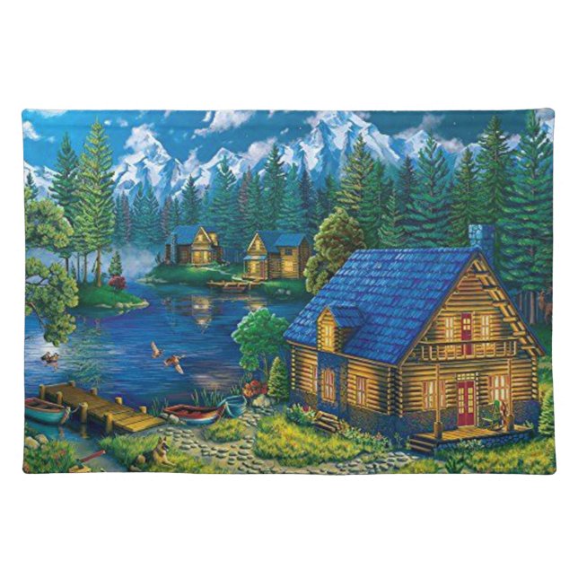 Beautiful Log Cabin in the Woods Fine Art Cloth Placemat (Front)