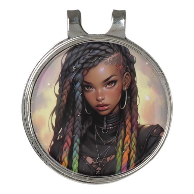 Beautiful Long Braids Undercut Black Anime Girl Golf Hat Clip (Front)
