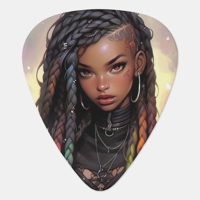 Beautiful Long Braids Undercut Black Anime Girl Guitar Pick (Front)