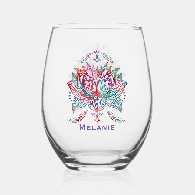 Beautiful Lotus Flower Boho Art Personalised Stemless Wine Glass (Front)