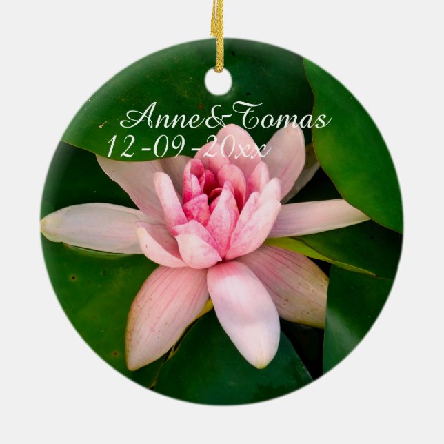 Beautiful Lotus Flower Photo Save the Date Ceramic Ornament (Back)