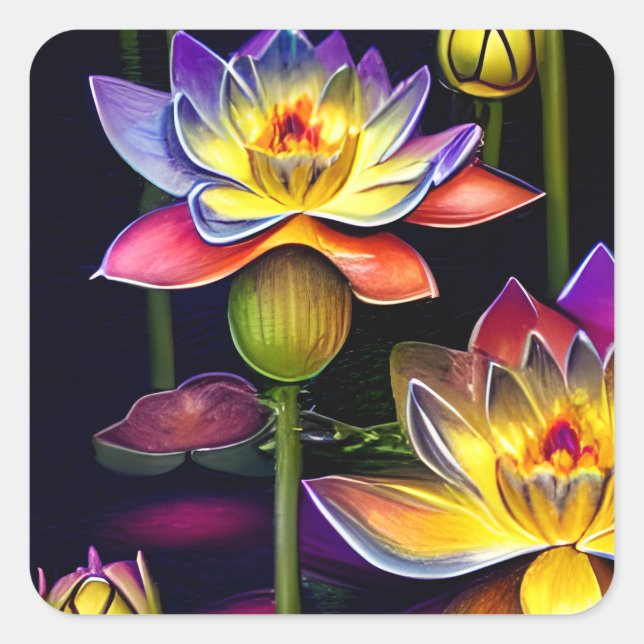 Beautiful Lotus Flowers at Night Square Sticker (Front)