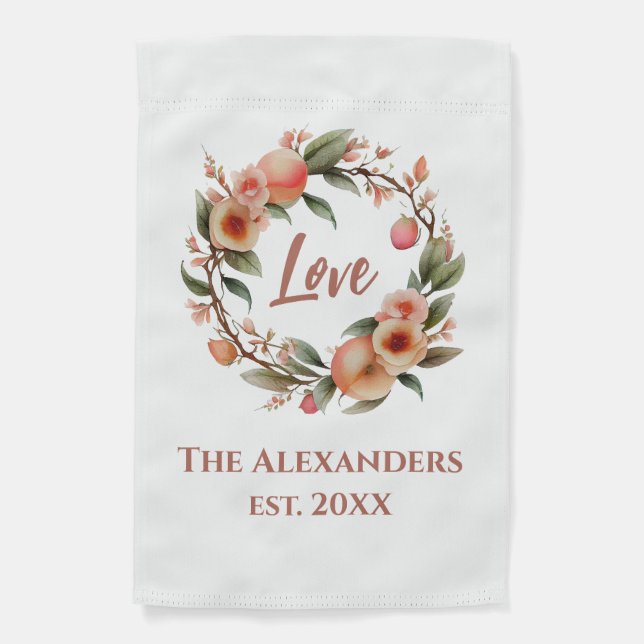Beautiful Love Peach Wreath Floral Wedding  Garden Flag (Front)