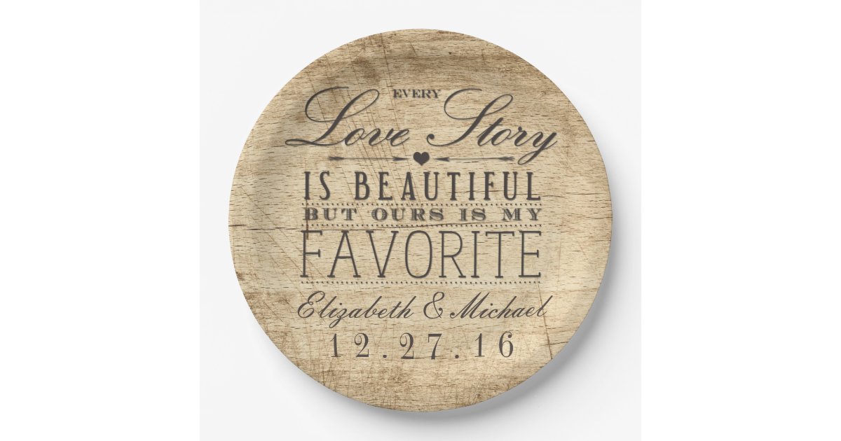 Beautiful Love Story Rustic Barn Wood Wedding Paper Plate