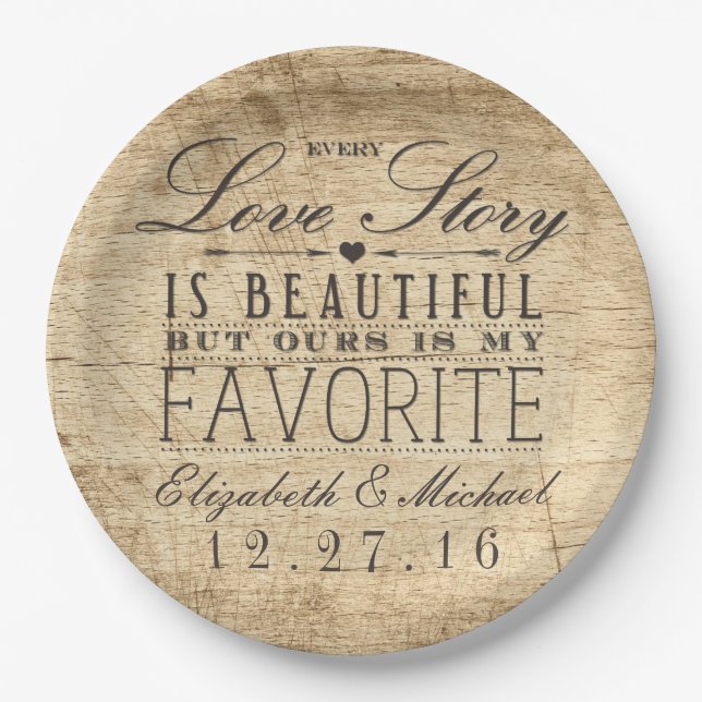 Beautiful Love Story Rustic Barn Wood Wedding Paper Plates (Front)