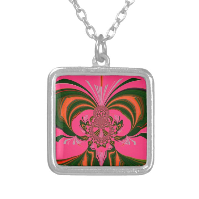 Beautiful Lovely African Hot Pink Red Golden Green Silver Plated Necklace (Front)