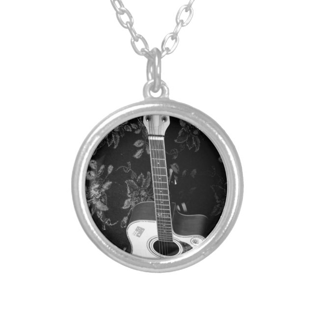 Beautiful Lovely Guitar African Grayscale Motif  Silver Plated Necklace (Front)