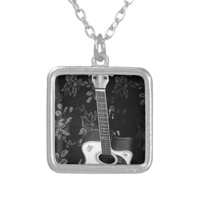 Beautiful Lovely Guitar African Grayscale Motif  Silver Plated Necklace (Front)