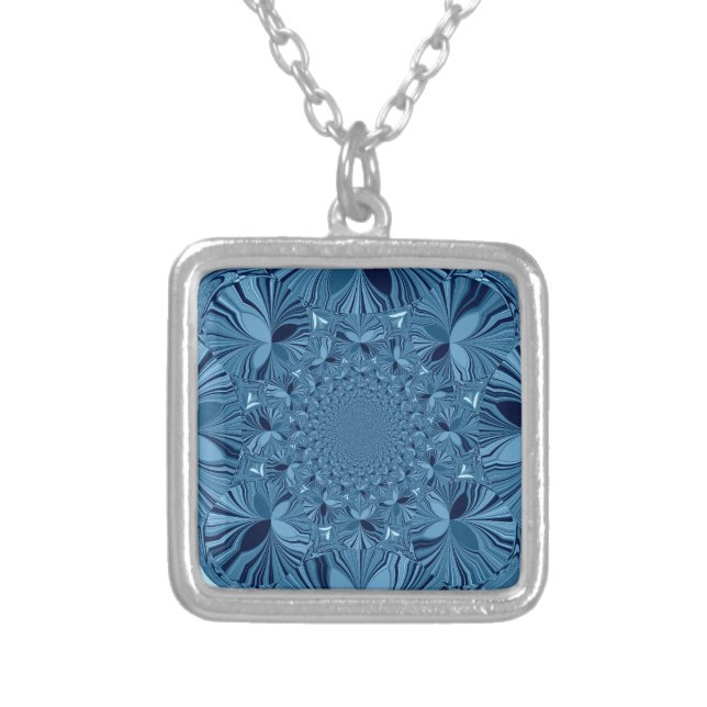Beautiful Lovely Iridescent Blue Kaleidoscope Art  Silver Plated Necklace (Front)