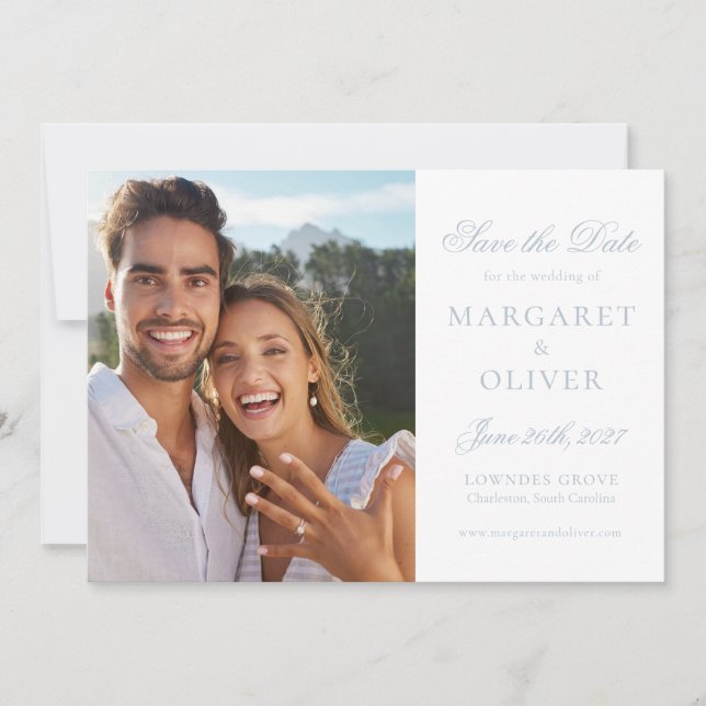 Beautiful Lt. Blue Script Photo Save The Date Card (Front)