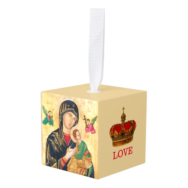 Beautiful Madonna & Child Christmas Cube Ornament (Front Angled)