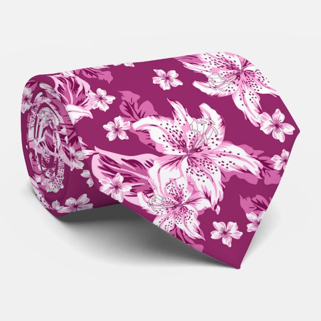 Beautiful magenta flower pattern neck tie (Rolled)