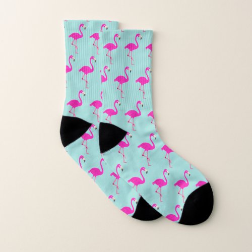 Beautiful Magenta Pink Flamingos on Light Blue Socks
