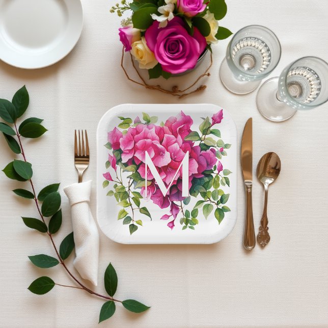 Beautiful Magenta Wild Roses Monogrammed Paper Plates (Creator Uploaded)