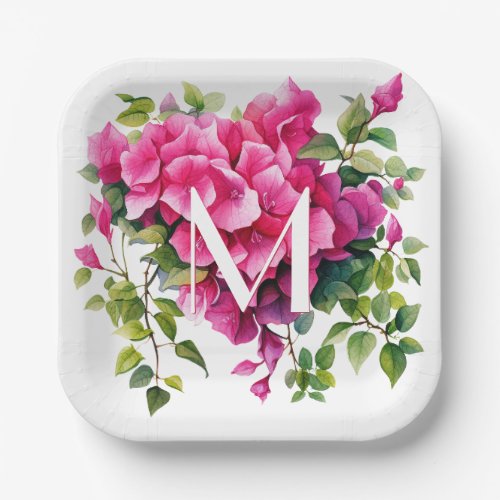 Beautiful Magenta Wild Roses Monogrammed Paper Plates
