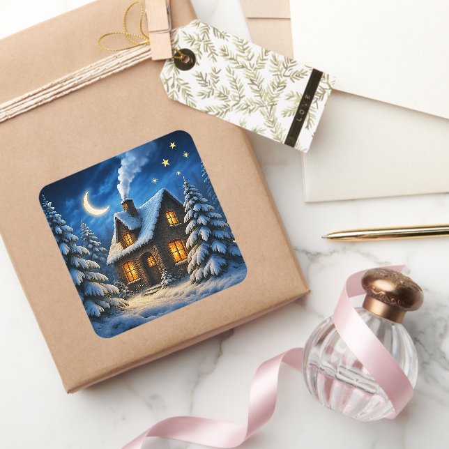 Beautiful magic Christmas forest and house Square Sticker (Gift)