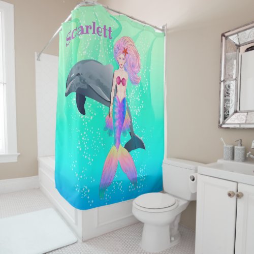 Beautiful Magic Mermaid with her Dolphin Friend Shower Curtain