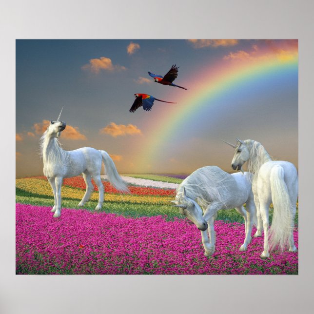 Beautiful Magical Unicorn Rainbow Flower Landscape Poster (Front)