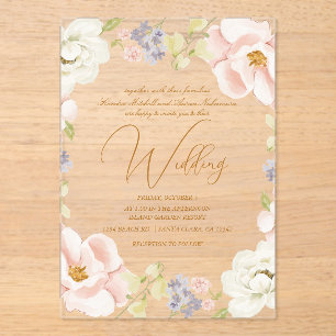 Beautiful Magnolia Flower Spring Monogram Wedding Acrylic Invitations