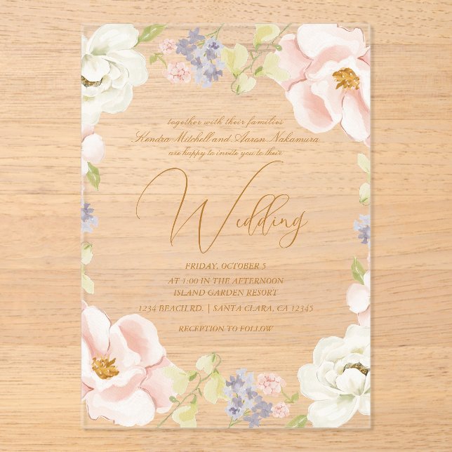 Beautiful Magnolia Flower Spring Monogram Wedding Acrylic Invitations (Front)